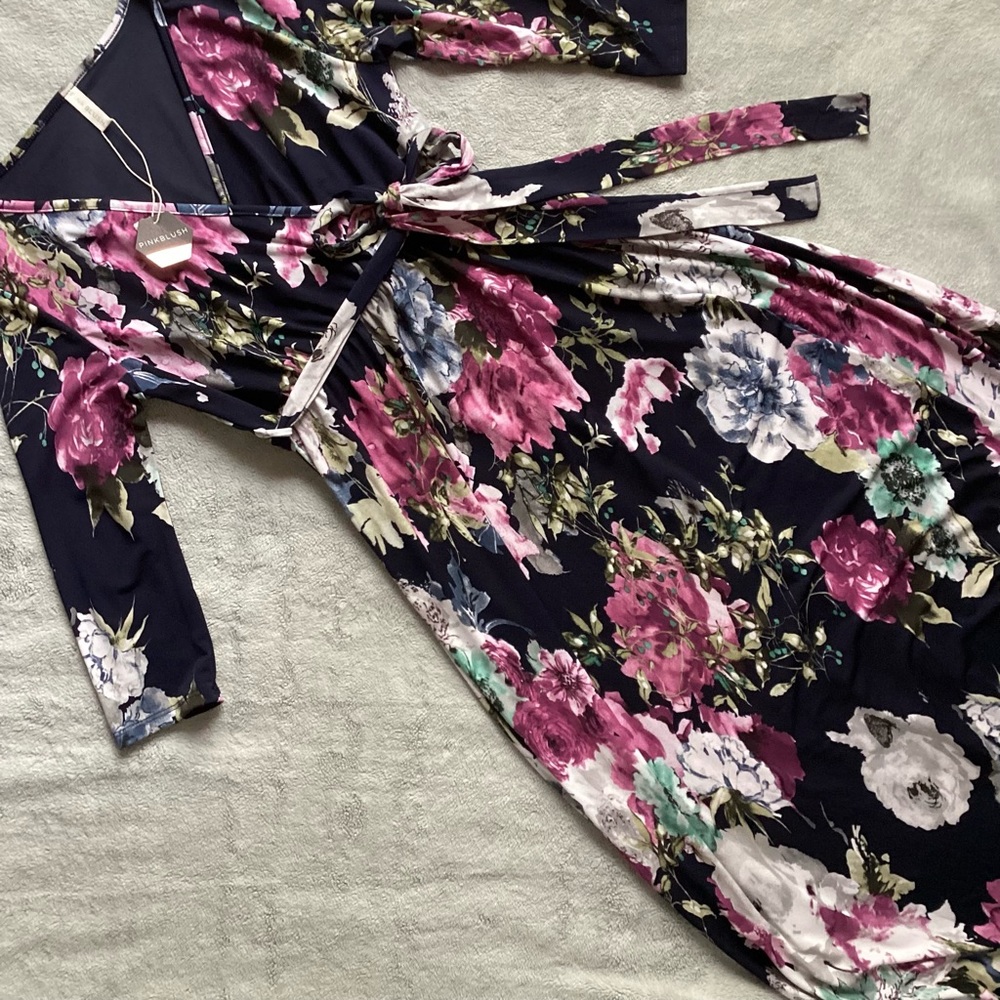 NWT Pinkblush Maternity Floral Surplice Tie Waist Pregnancy Maxi Dress Navy Blue